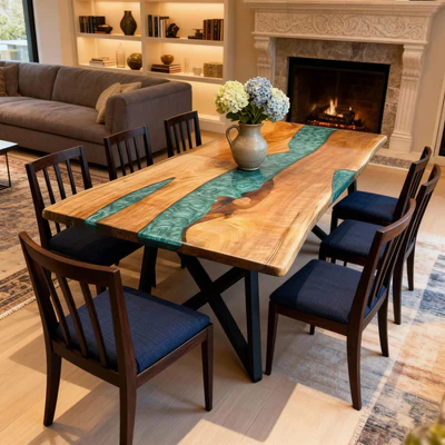 Custom Black Walnut Epoxy Resin River Table Green